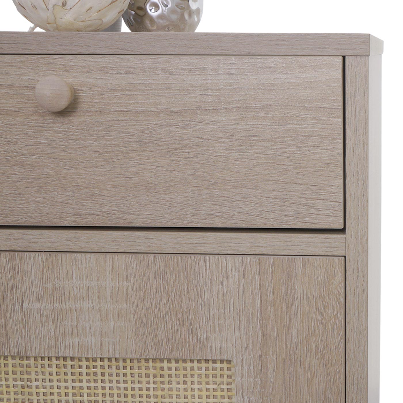 Bijzettafel MCW-M36, salontafel nachtkastje loungetafel, opbergvakken lade, Kubu rotan hout melamine, eiken-look