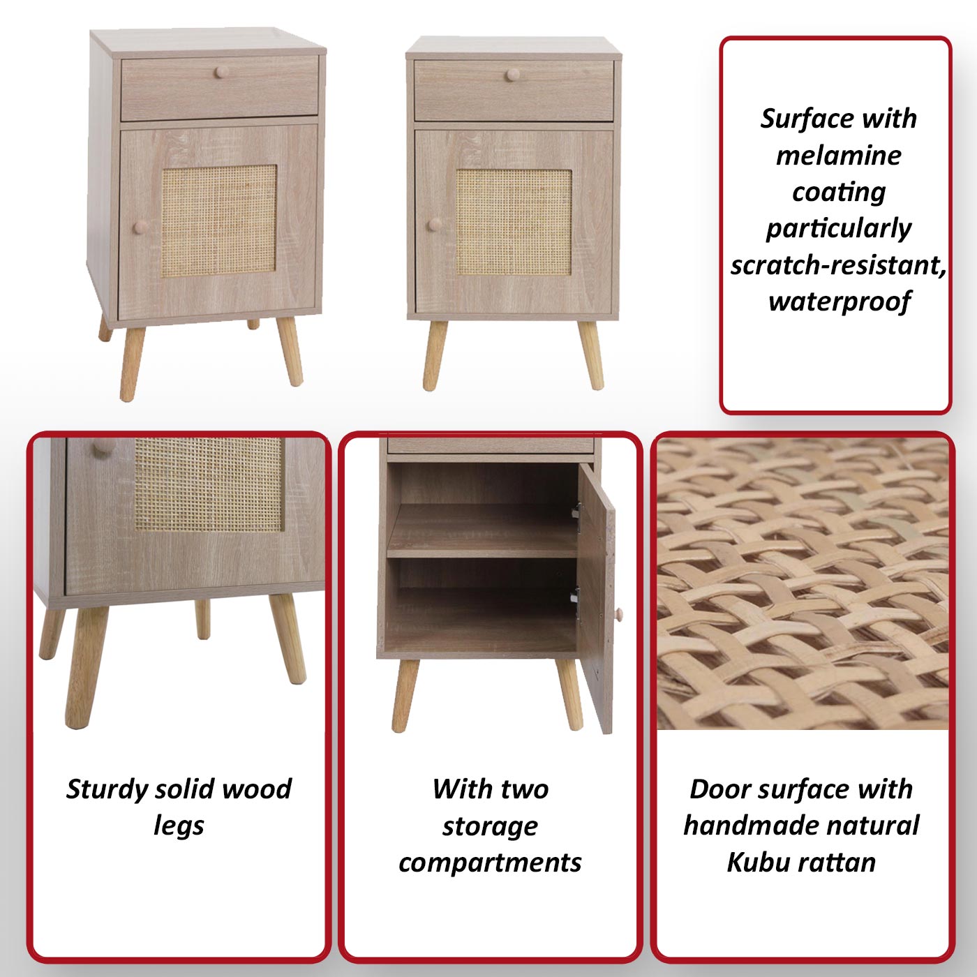 Bijzettafel MCW-M36, salontafel nachtkastje loungetafel, opbergvakken lade, Kubu rotan hout melamine, eiken-look