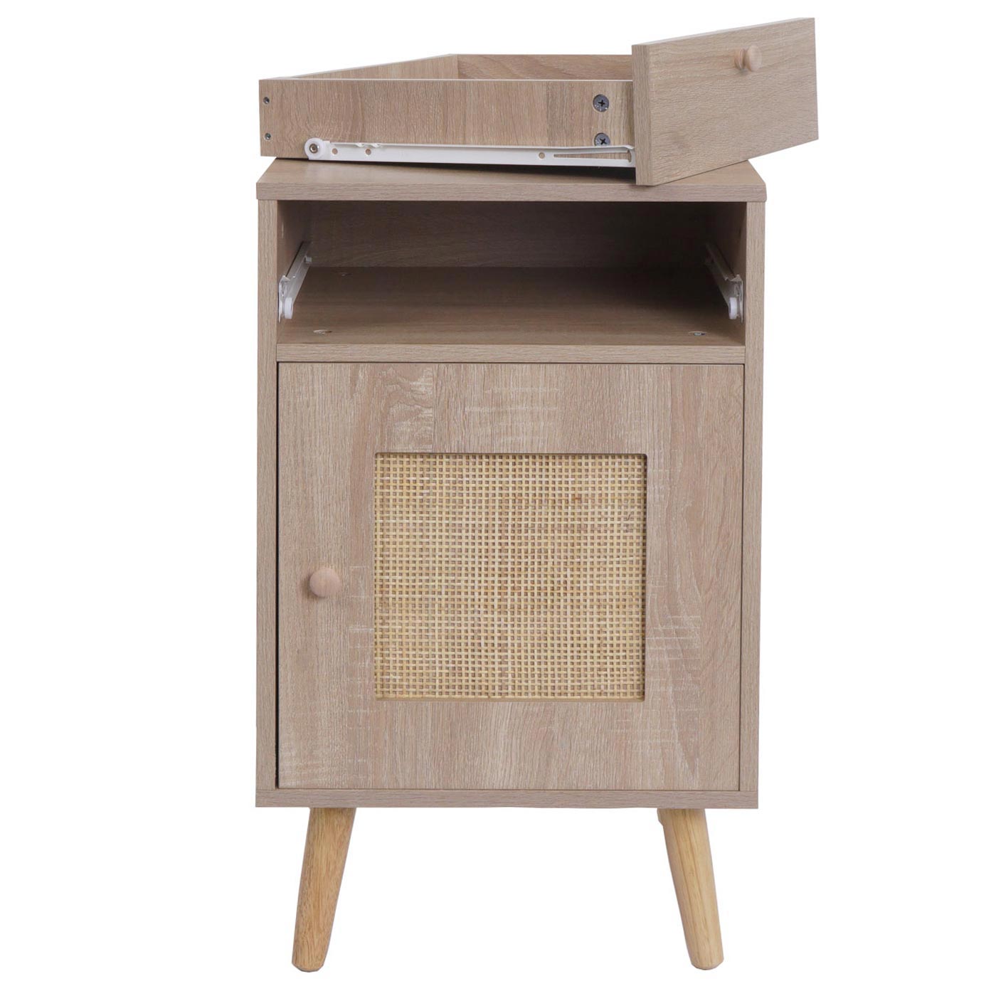 Bijzettafel MCW-M36, salontafel nachtkastje loungetafel, opbergvakken lade, Kubu rotan hout melamine, eiken-look