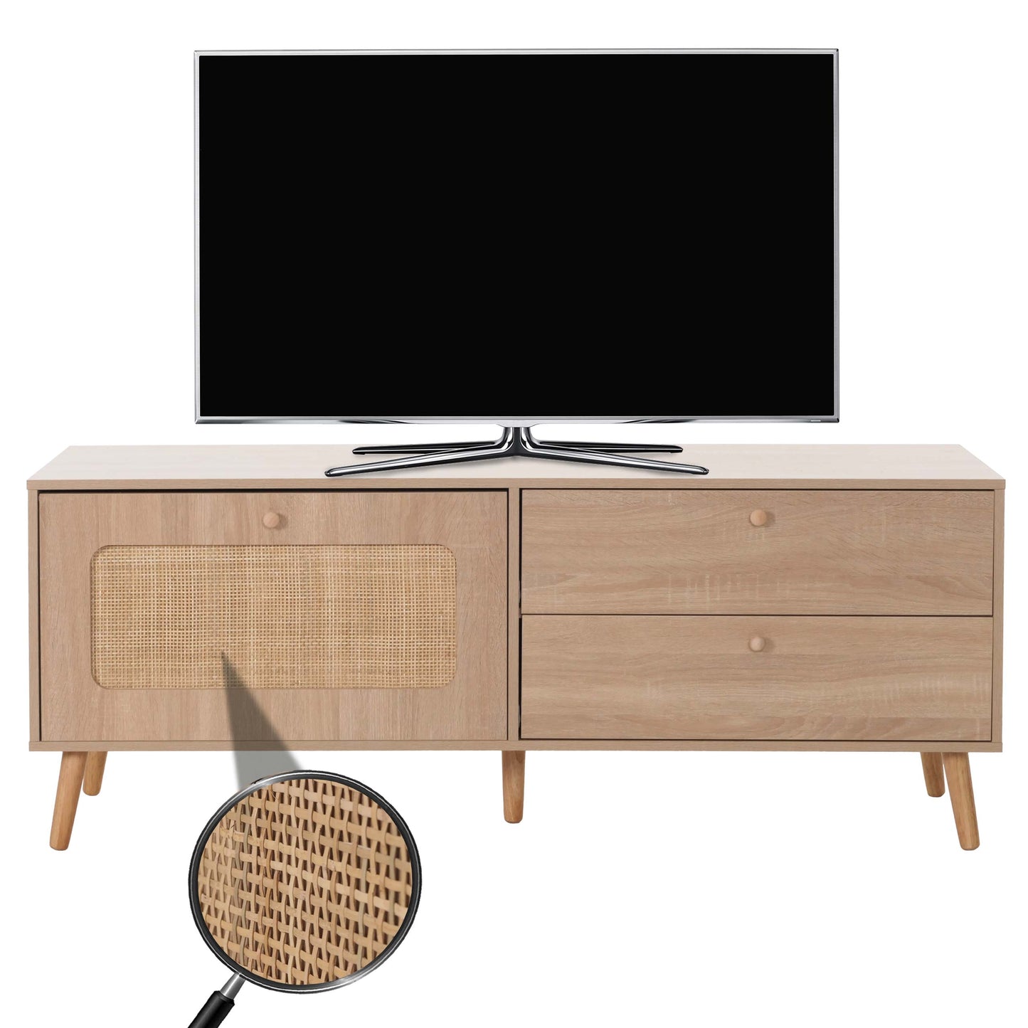 TV-rek MCW-M38, lowboard TV-tafel TV-meubel ladekast, lade deur, Kubu rotan hout 56x140x41cm eiken-look