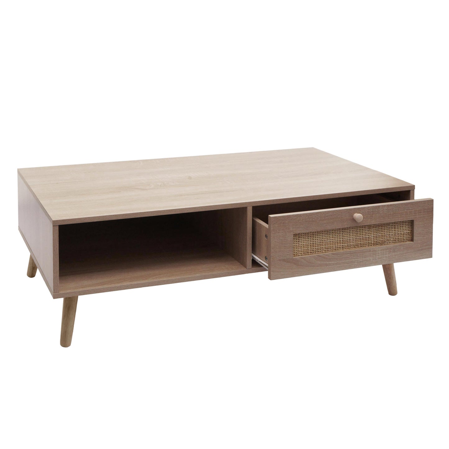 Salontafel MCW-M39, woonkamertafel bijzettafel sofatafel, lade Kubu rotan hout melamine, 37x110x59cm eiken-look