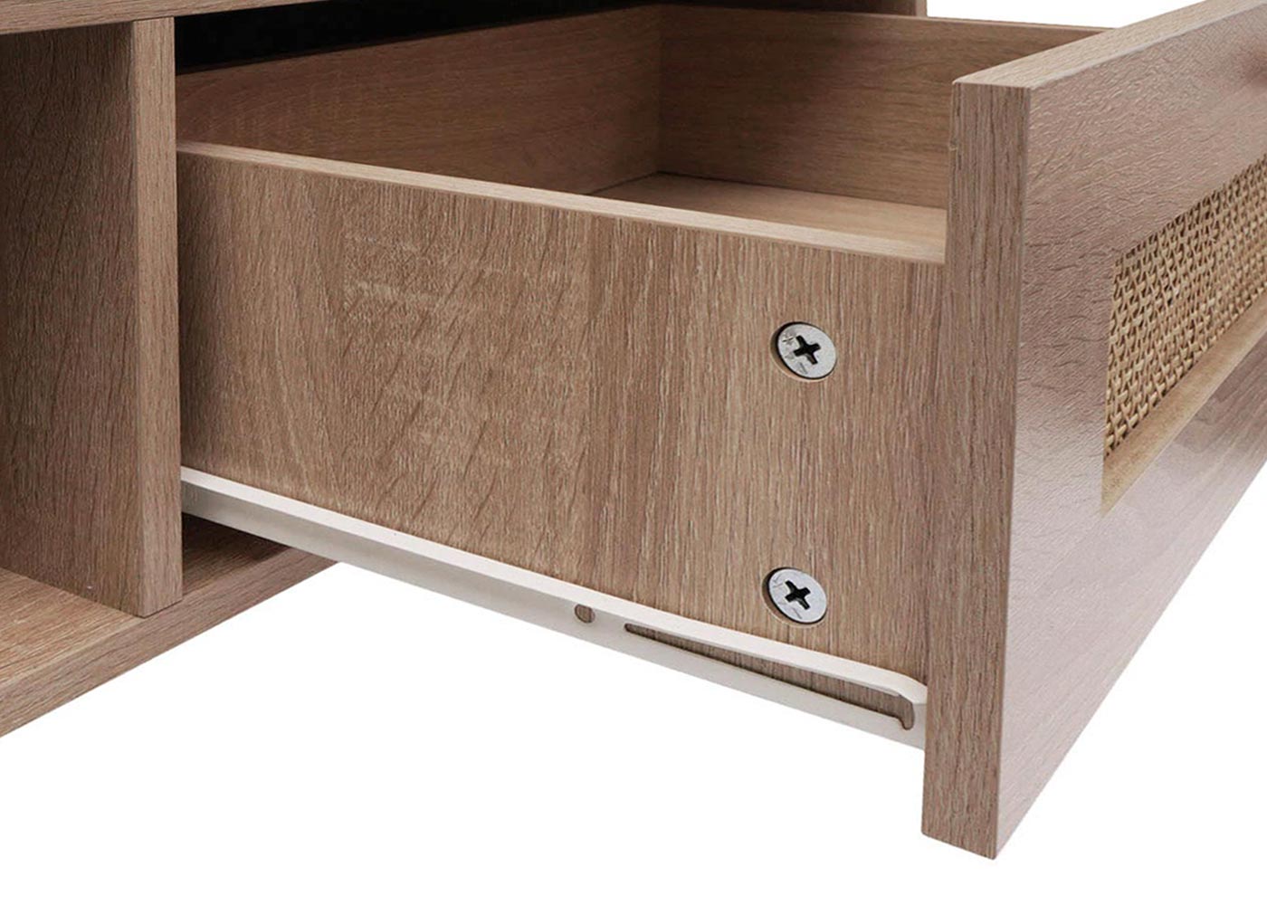 Salontafel MCW-M39, woonkamertafel bijzettafel sofatafel, lade Kubu rotan hout melamine, 37x110x59cm eiken-look