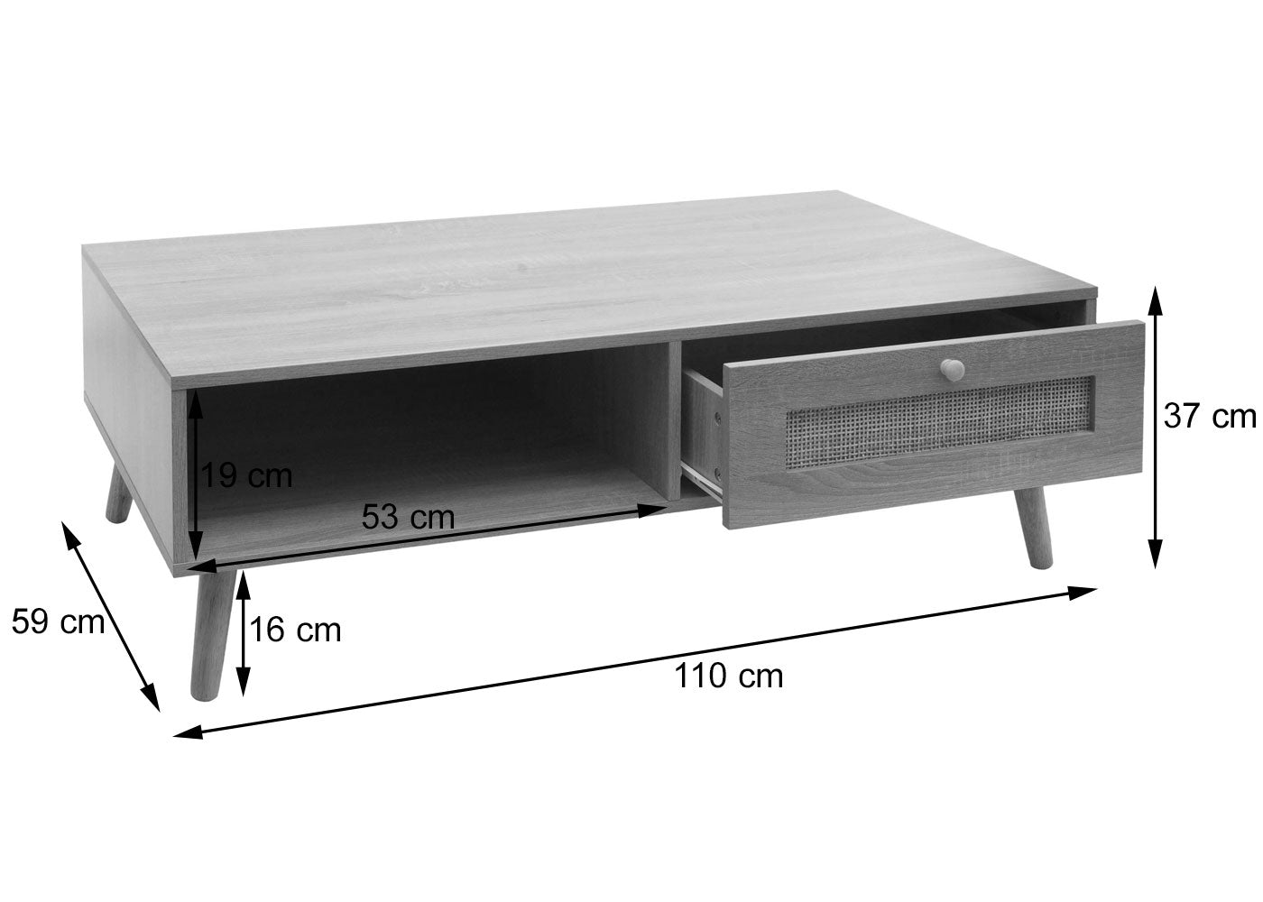Salontafel MCW-M39, woonkamertafel bijzettafel sofatafel, lade Kubu rotan hout melamine, 37x110x59cm eiken-look