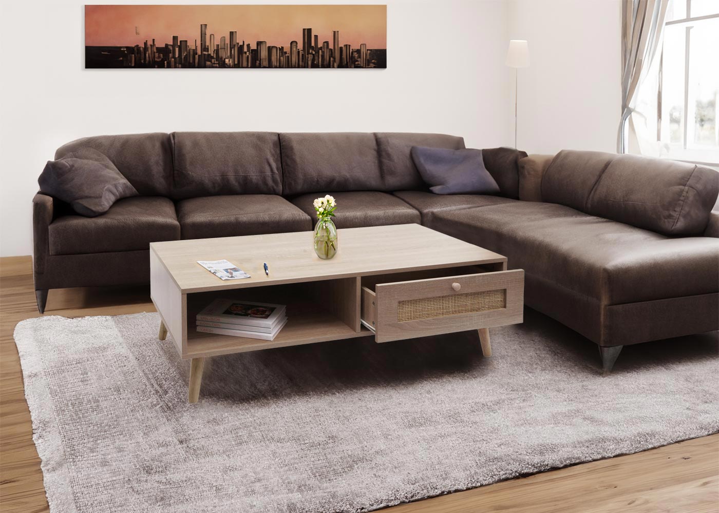 Salontafel MCW-M39, woonkamertafel bijzettafel sofatafel, lade Kubu rotan hout melamine, 37x110x59cm eiken-look
