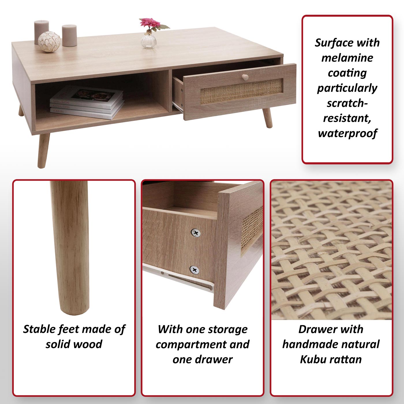 Salontafel MCW-M39, woonkamertafel bijzettafel sofatafel, lade Kubu rotan hout melamine, 37x110x59cm eiken-look