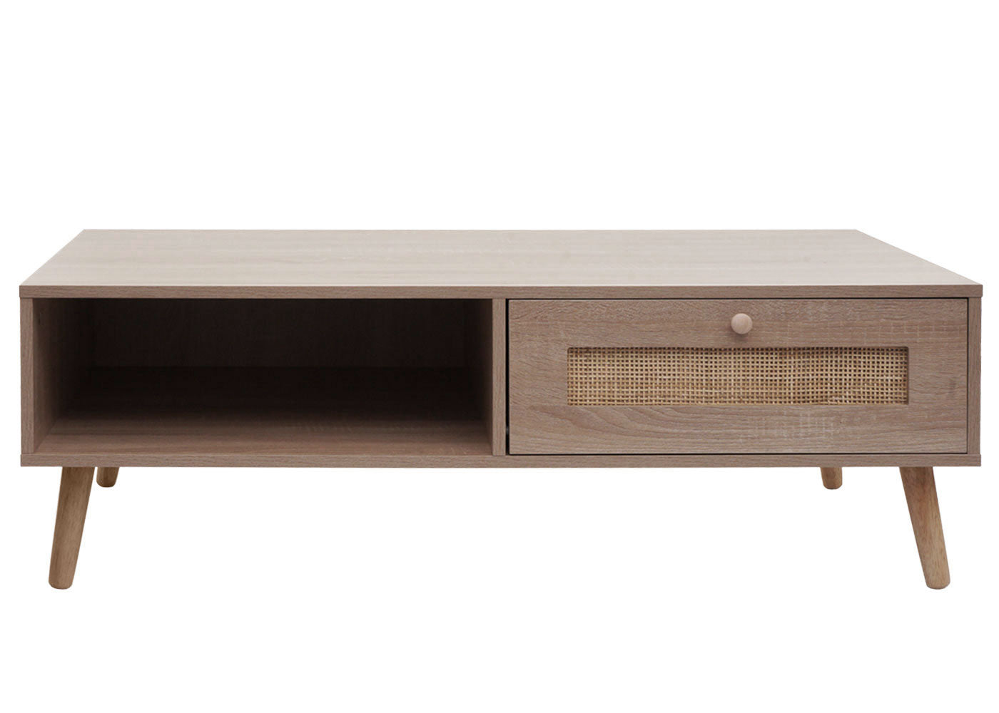 Salontafel MCW-M39, woonkamertafel bijzettafel sofatafel, lade Kubu rotan hout melamine, 37x110x59cm eiken-look