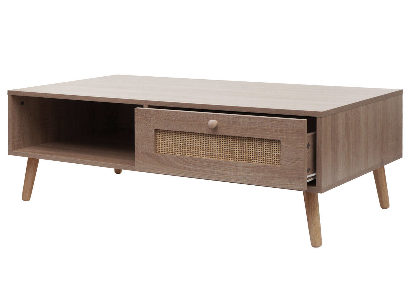Salontafel MCW-M39, woonkamertafel bijzettafel sofatafel, lade Kubu rotan hout melamine, 37x110x59cm eiken-look