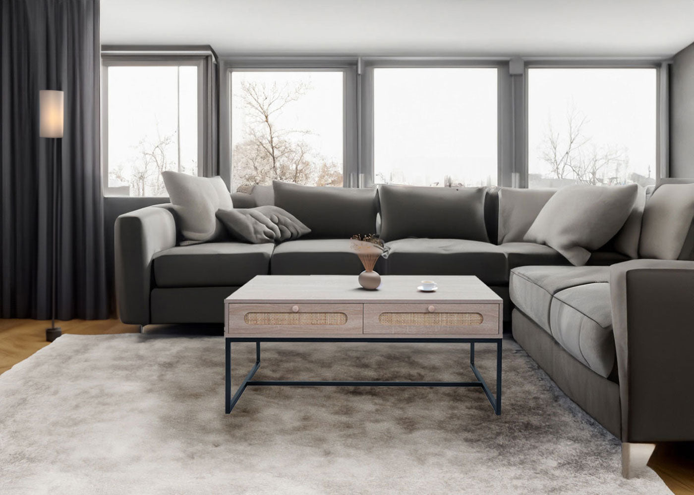 Salontafel MCW-M41, woonkamertafel bijzettafel sofatafel, lade, Kubu rotan hout melamine, eiken look