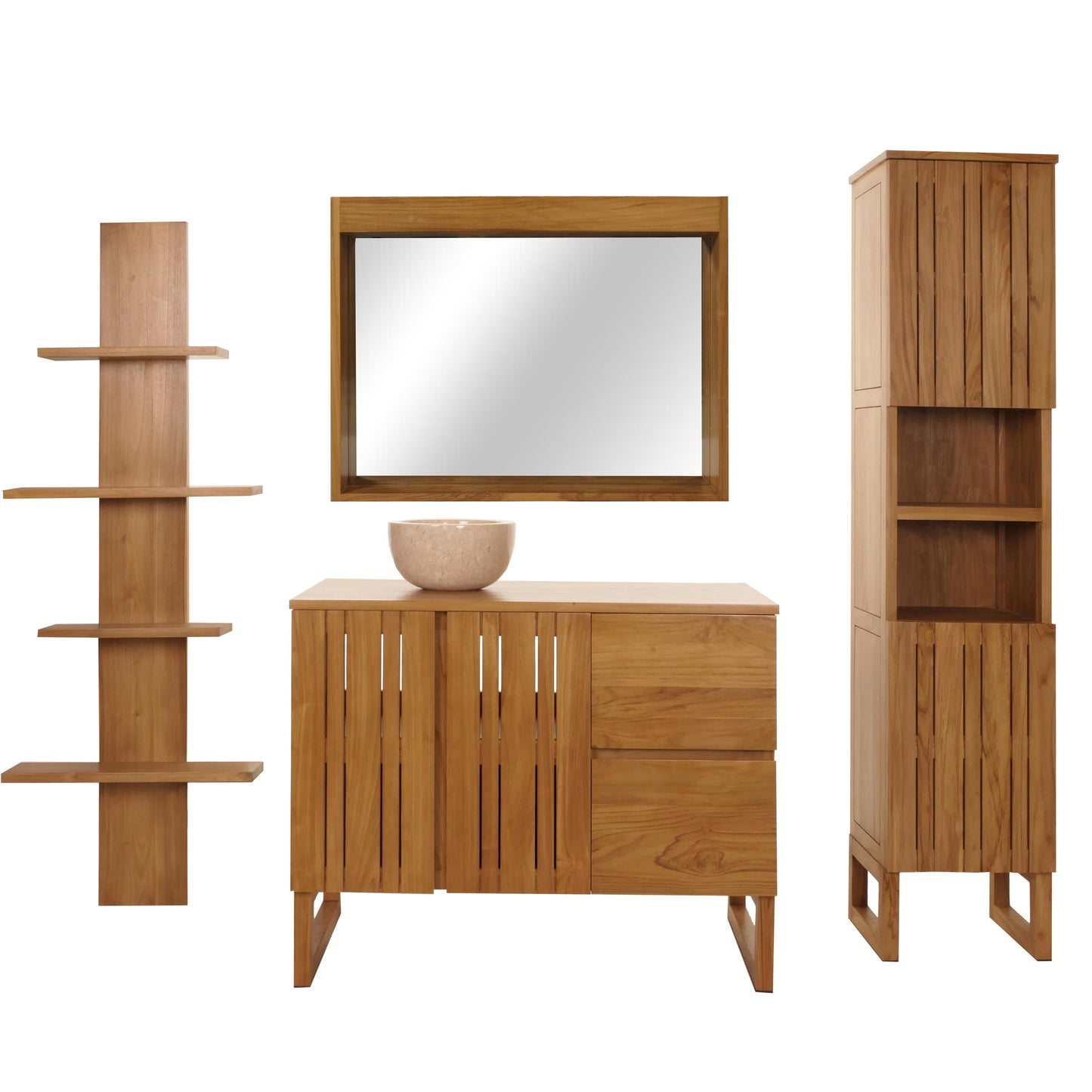 Teak badkamerset MCW-M72, wastafel hoge kast wandplank wandspiegel wastafel, hoogwaardige B-kwaliteit teakhout