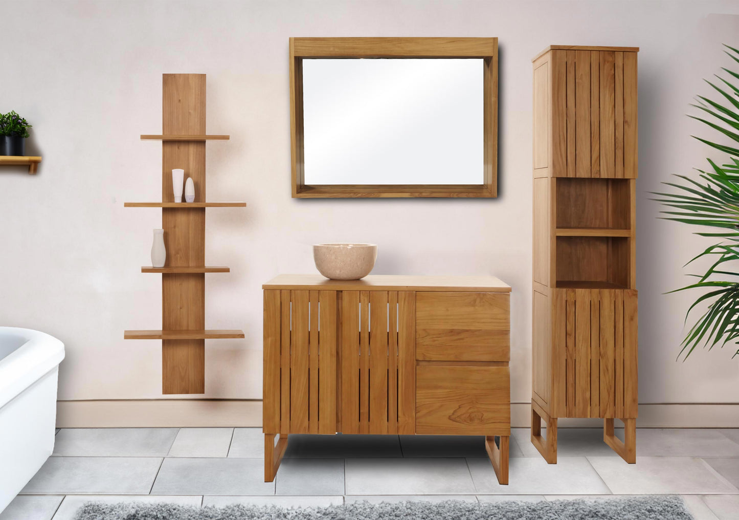 Teak badkamerset MCW-M72, wastafel hoge kast wandplank wandspiegel wastafel, hoogwaardige B-kwaliteit teakhout