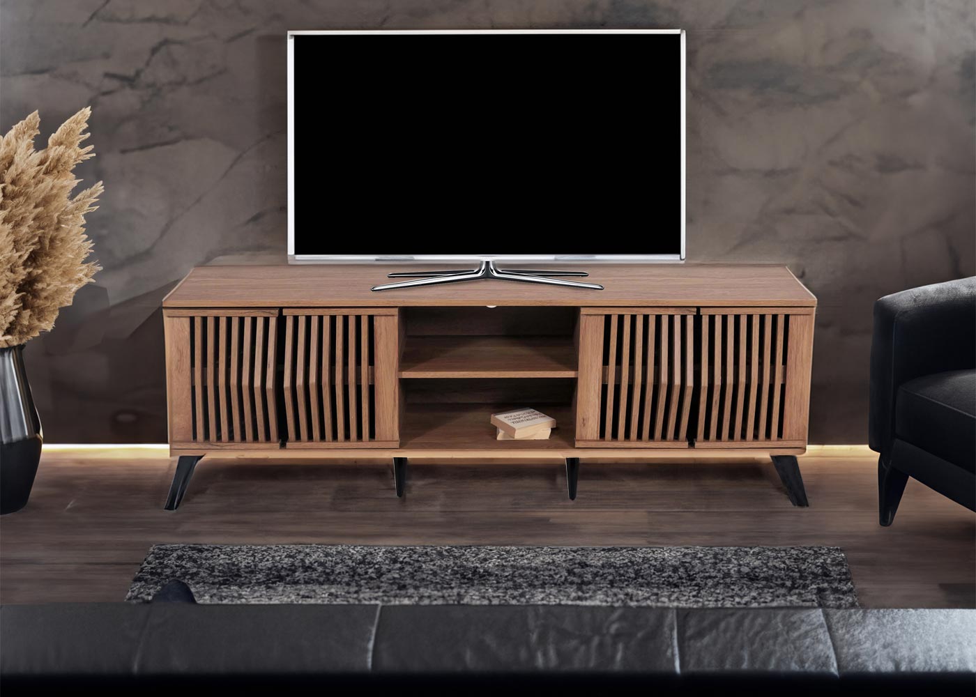 TV-rek MCW-M45, TV-tafel lowboard kast, 3D design opbergvakken 55x166x41cm, bruin