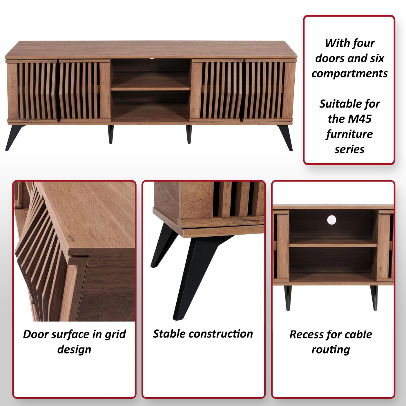 TV-rek MCW-M45, TV-tafel lowboard kast, 3D design opbergvakken 55x166x41cm, bruin