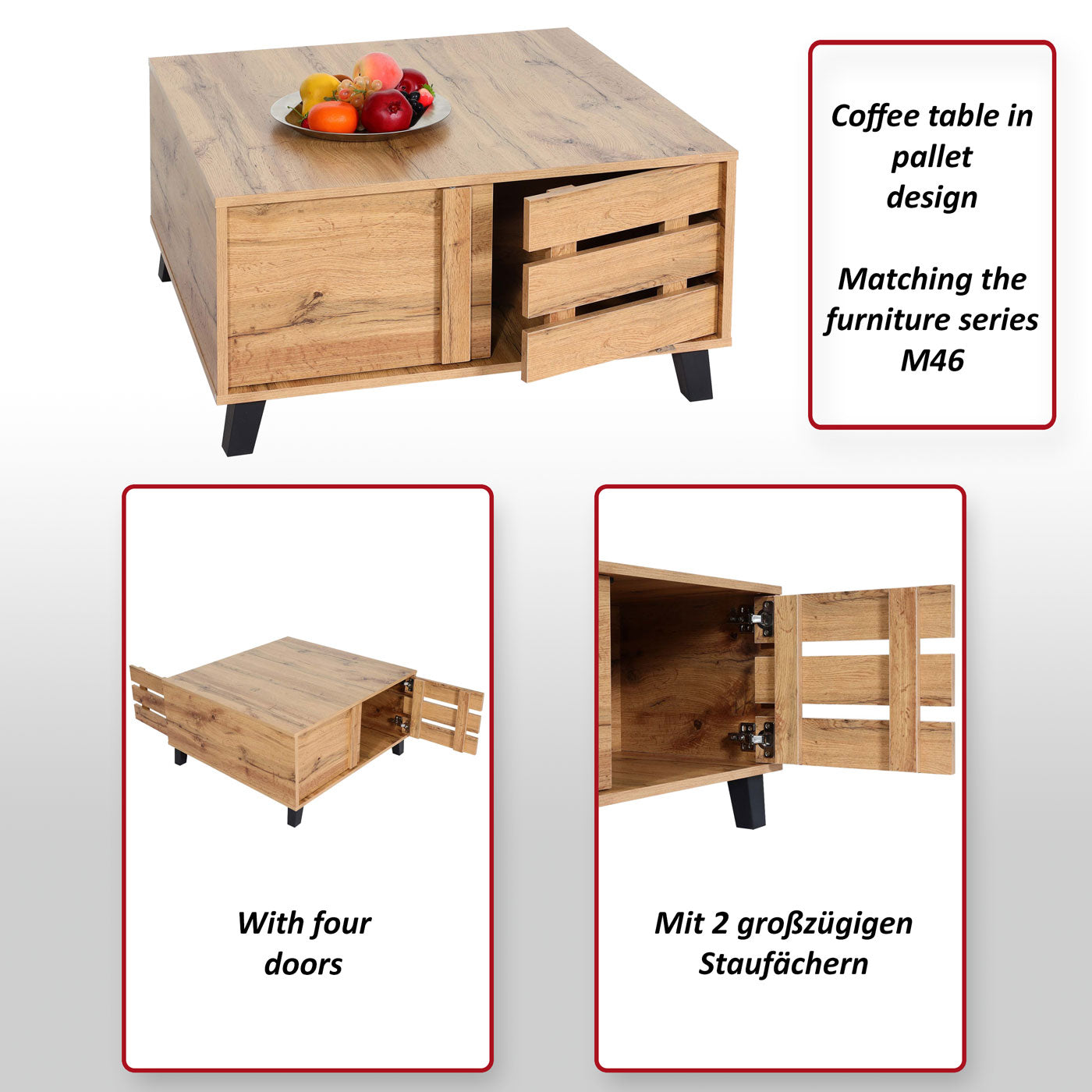 Salontafel MCW-M46, woonkamertafel sofatafel bijzettafel, 2 opbergvakken 43x81x81cm, natuurlijke kleur