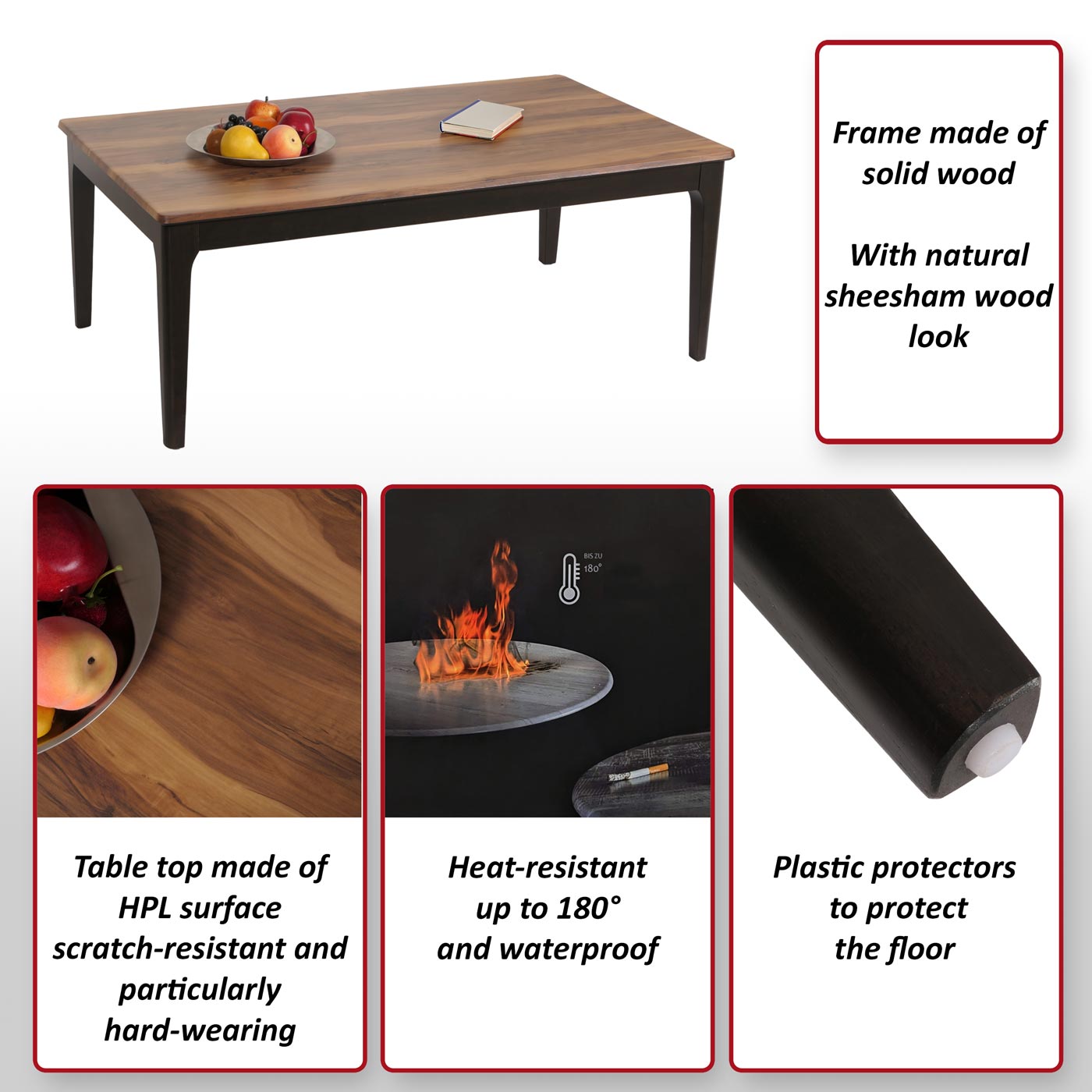 Salontafel MCW-M55, bijzettafel sofatafel massief hout HDF laminaat melamine 46x120x70cm sheesham hout look donkere poten