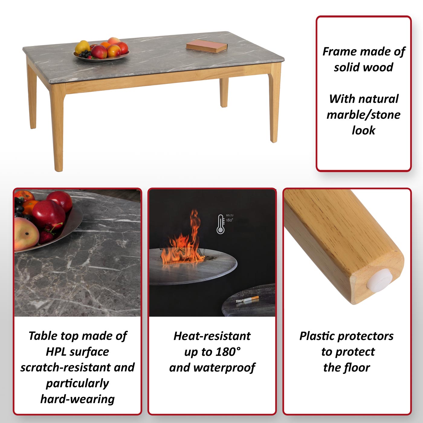 Salontafel MCW-M55, bijzettafel sofatafel, massief hout HDF laminaat melamine 46x120x70cm, marmeren/steen look lichte poten