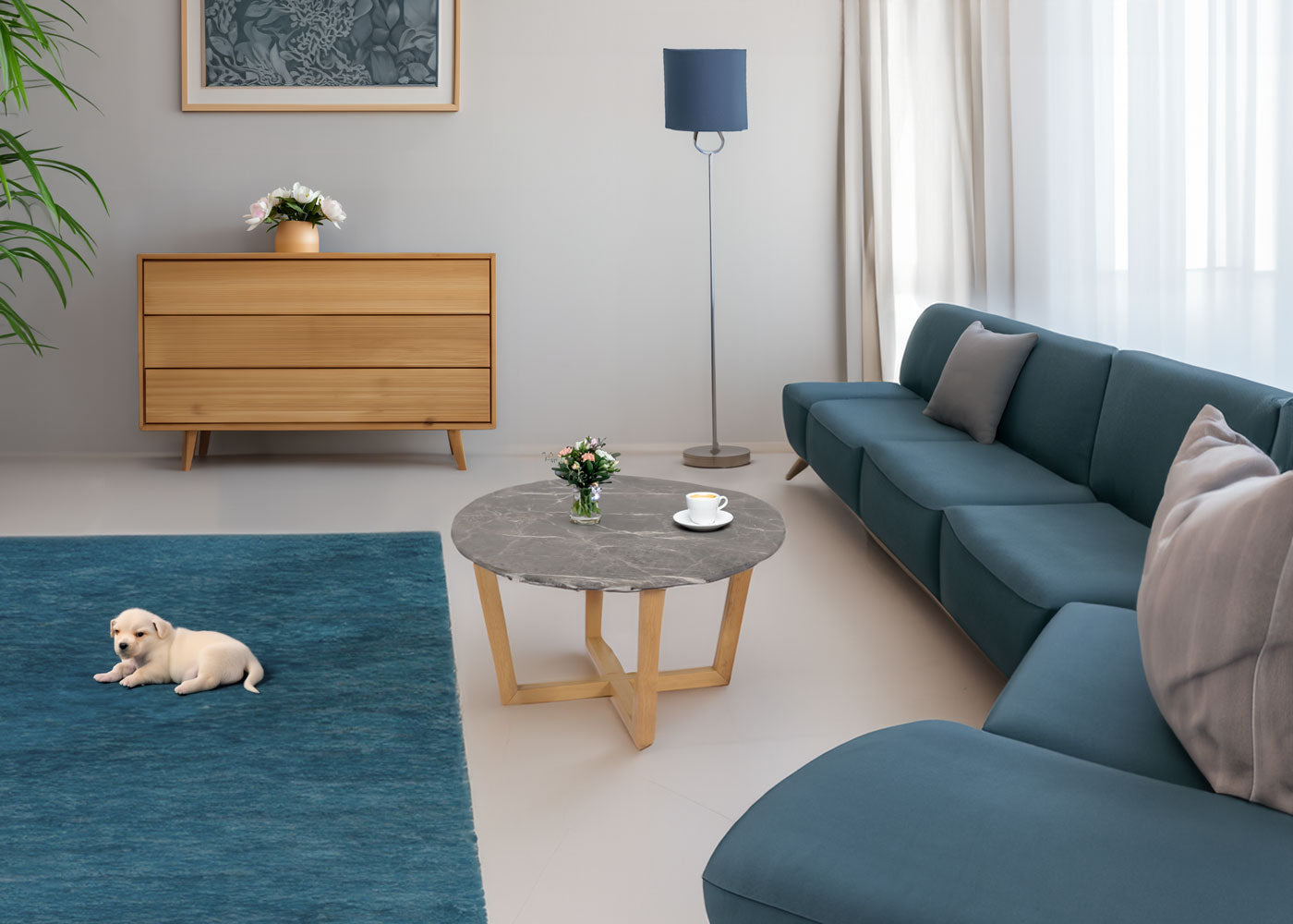 Salontafel MCW-M61, bijzettafel sofatafel, massief hout HDF laminaat melamine Ø80cm, marmer/steen look, licht gekleurd frame