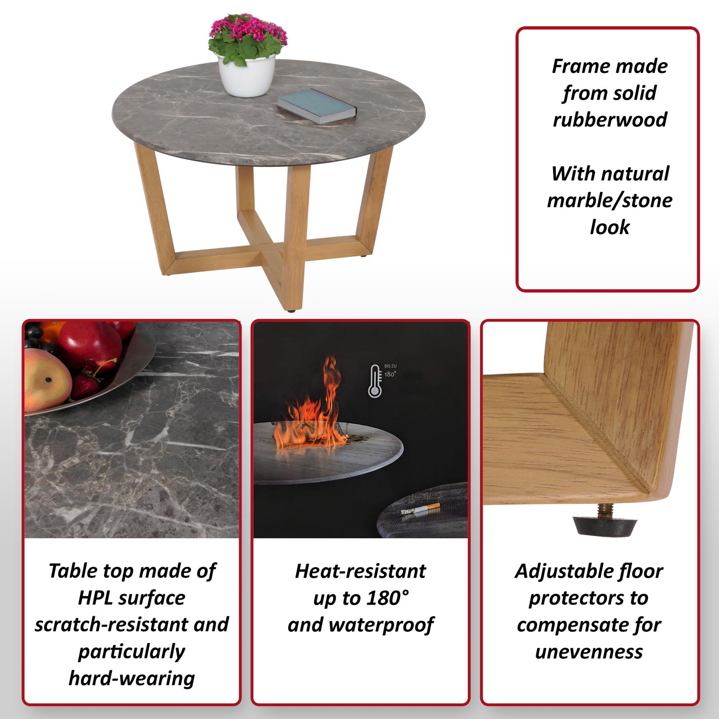 Salontafel MCW-M61, bijzettafel sofatafel, massief hout HDF laminaat melamine Ø80cm, marmer/steen look, licht gekleurd frame