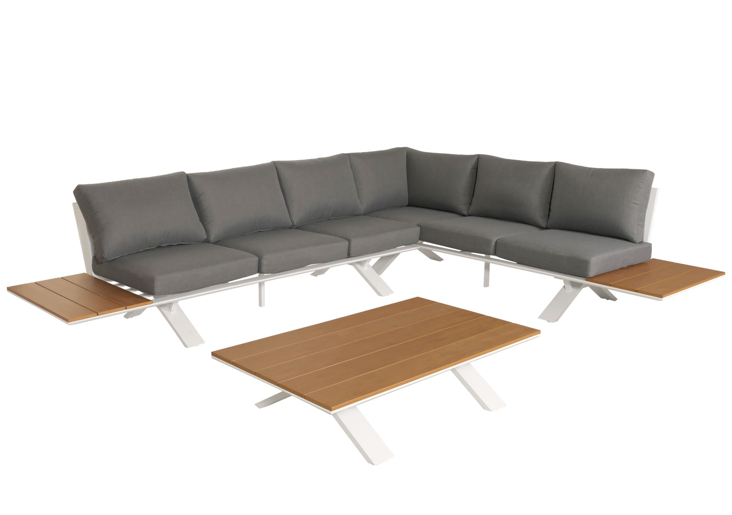 Aluminium tuinset MCW-M62, zitgroep tuin/loungeset bank, houtlook ~ frame wit, bekleding lichtgrijs
