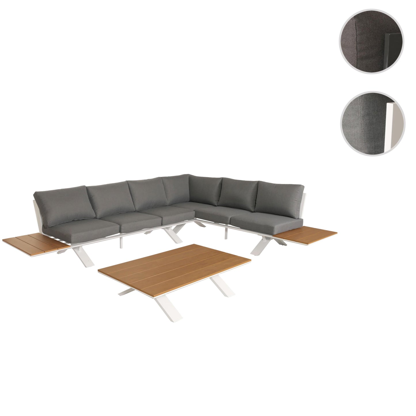 Aluminium tuinset MCW-M62, zitgroep tuin/loungeset bank, houtlook ~ frame wit, bekleding lichtgrijs