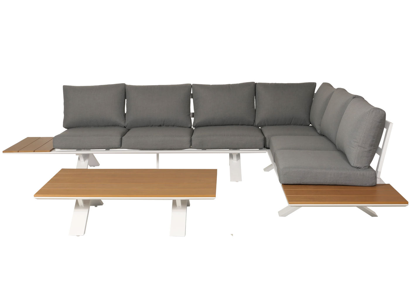 Aluminium tuinset MCW-M62, zitgroep tuin/loungeset bank, houtlook ~ frame wit, bekleding lichtgrijs