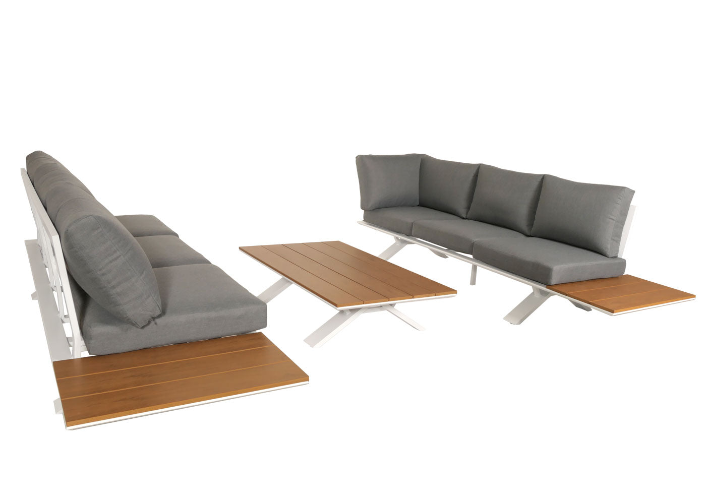 Aluminium tuinset MCW-M62, zitgroep tuin/loungeset bank, houtlook ~ frame wit, bekleding lichtgrijs