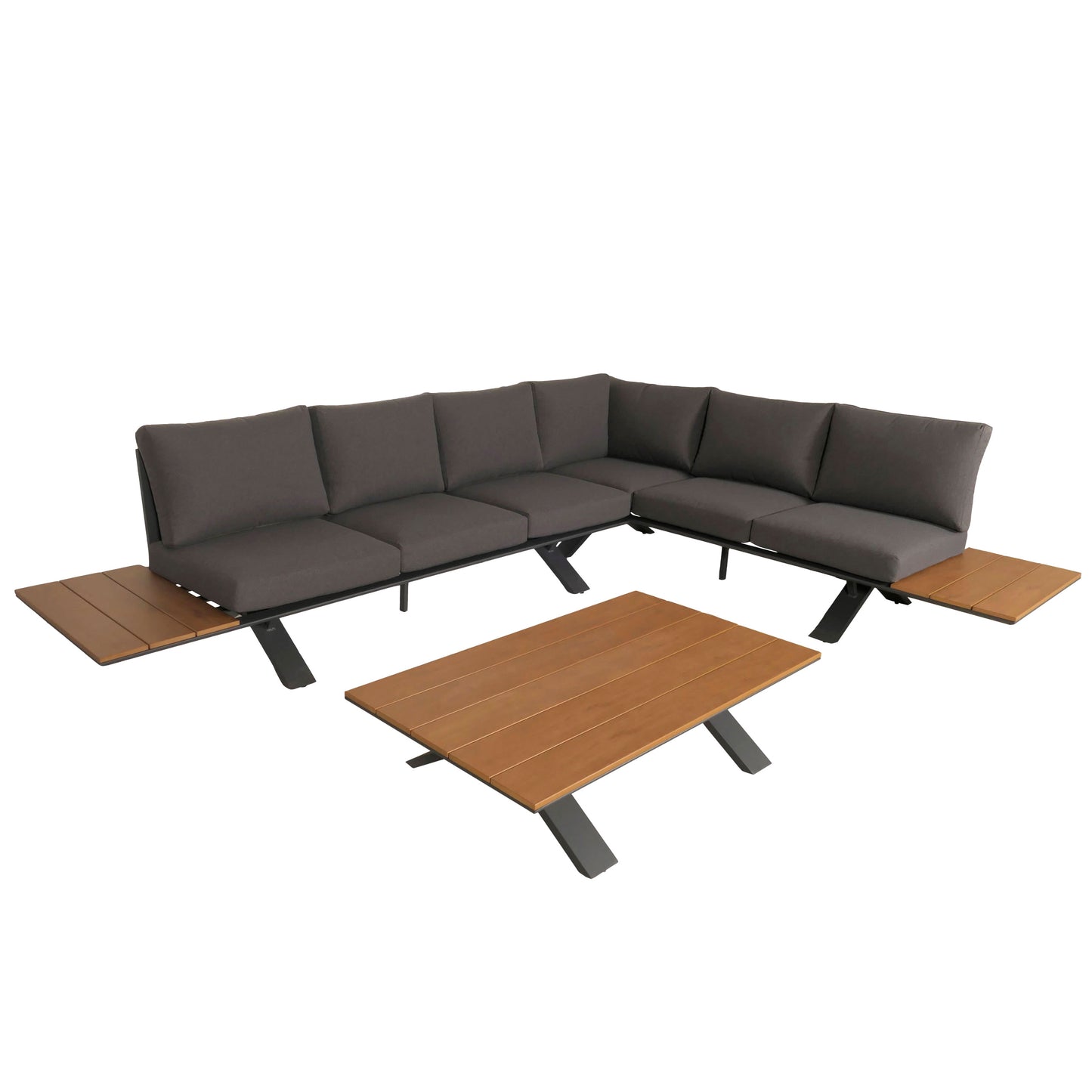Aluminium tuinset MCW-M62, zitgroep tuin/loungeset bank, houtlook ~ antraciet frame, donkergrijze bekleding