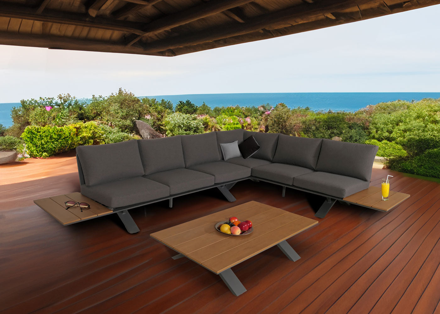 Aluminium tuinset MCW-M62, zitgroep tuin/loungeset bank, houtlook ~ antraciet frame, donkergrijze bekleding