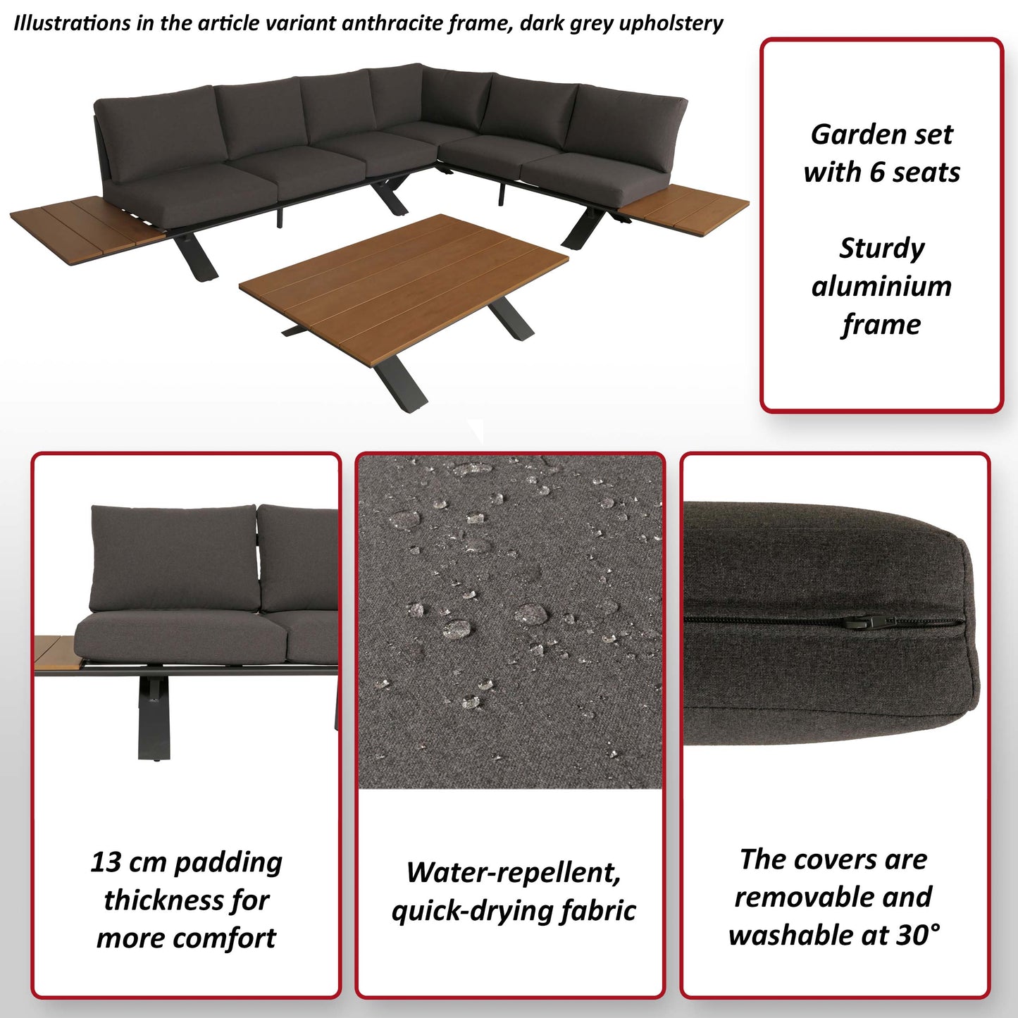 Aluminium tuinset MCW-M62, zitgroep tuin/loungeset bank, houtlook ~ frame wit, bekleding lichtgrijs
