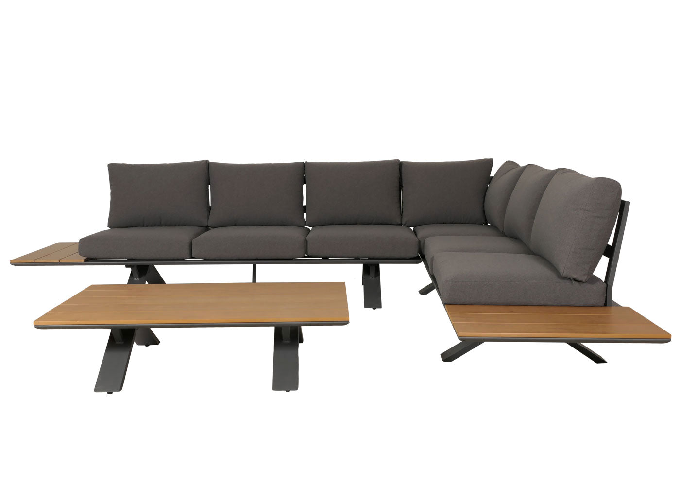 Aluminium tuinset MCW-M62, zitgroep tuin/loungeset bank, houtlook ~ antraciet frame, donkergrijze bekleding