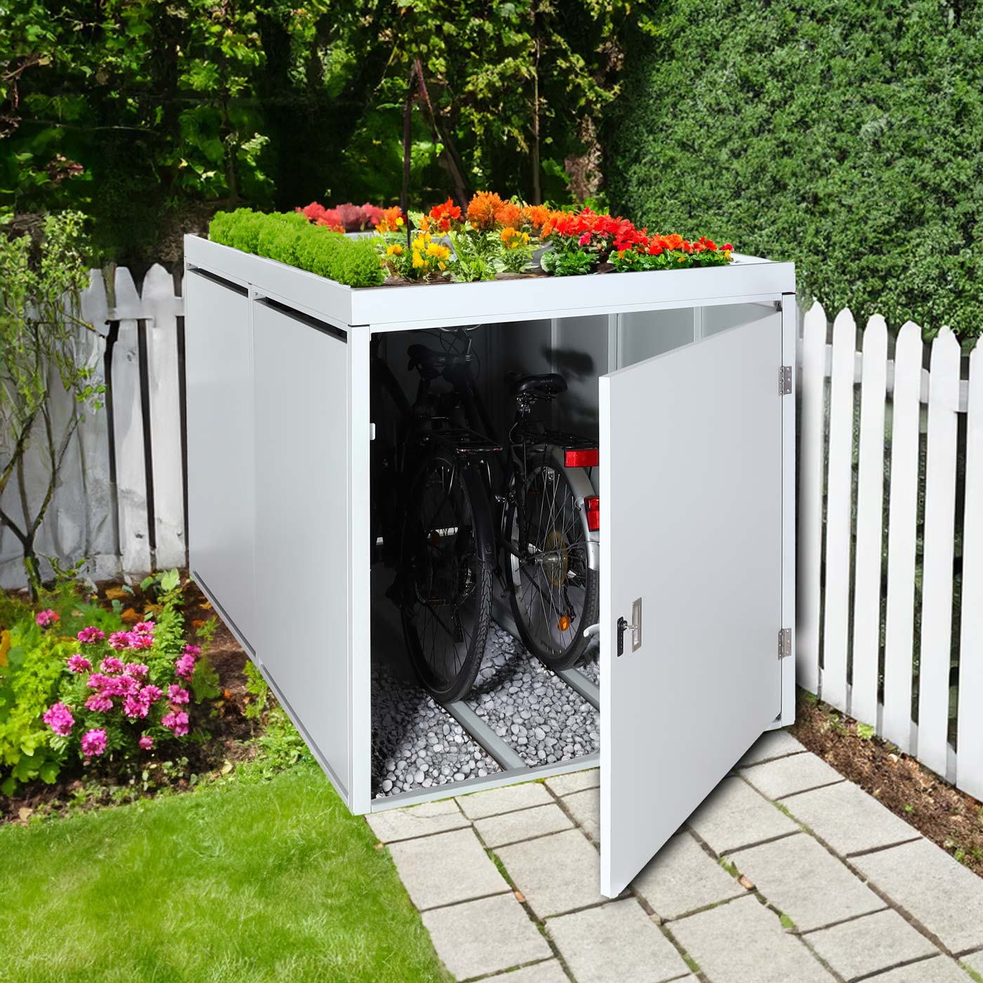 2-fietsgarage met plantenbak MCW-L56b, fietsbox, afsluitbaar gegalvaniseerd staal 125x113x208cm ~ lichtgrijs