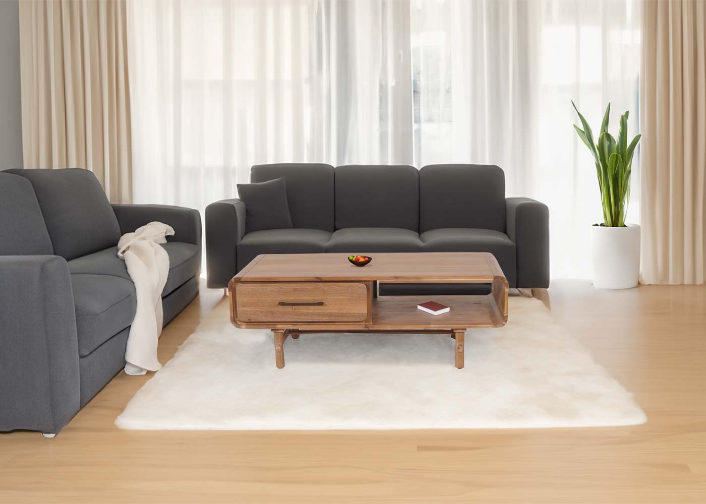 Salontafel MCW-M47, woonkamertafel bijzettafel sofatafel, lade, acacia massief hout gebeitst 44x125x60cm 25kg