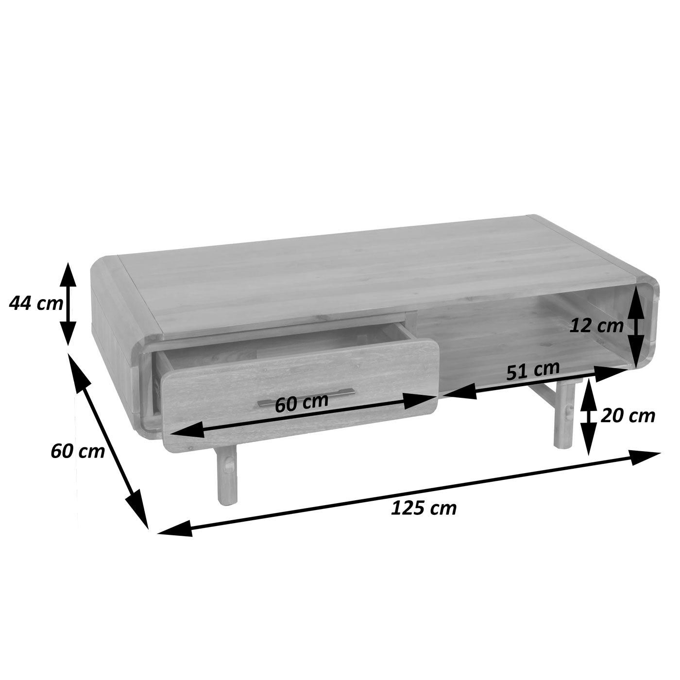Salontafel MCW-M47, woonkamertafel bijzettafel sofatafel, lade, acacia massief hout gebeitst 44x125x60cm 25kg