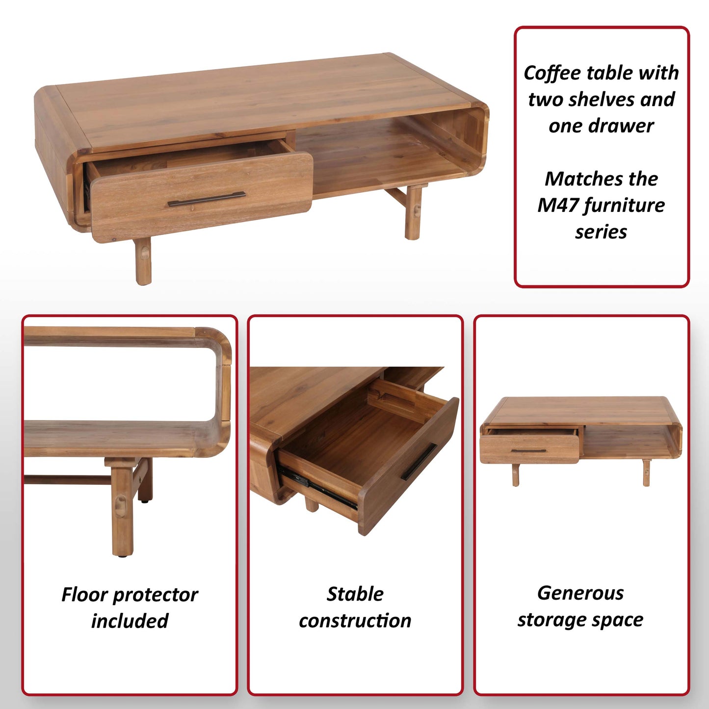 Salontafel MCW-M47, woonkamertafel bijzettafel sofatafel, lade, acacia massief hout gebeitst 44x125x60cm 25kg