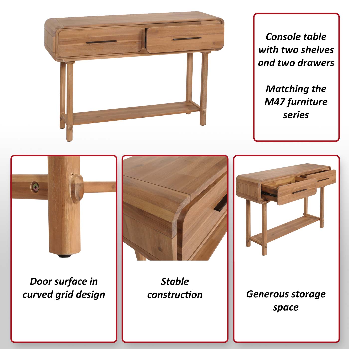 Console tafel MCW-M47, telefoontafel bijzettafel opbergtafel, lade, acacia massief hout gebeitst 80x120x35cm 22kg