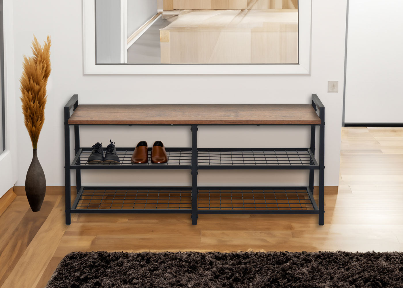 Schoenenrek MCW-A27, schoenenkast schoenenrek bank, 4 compartimenten metalen 3D structuur 40x107x38cm, wild eiken look