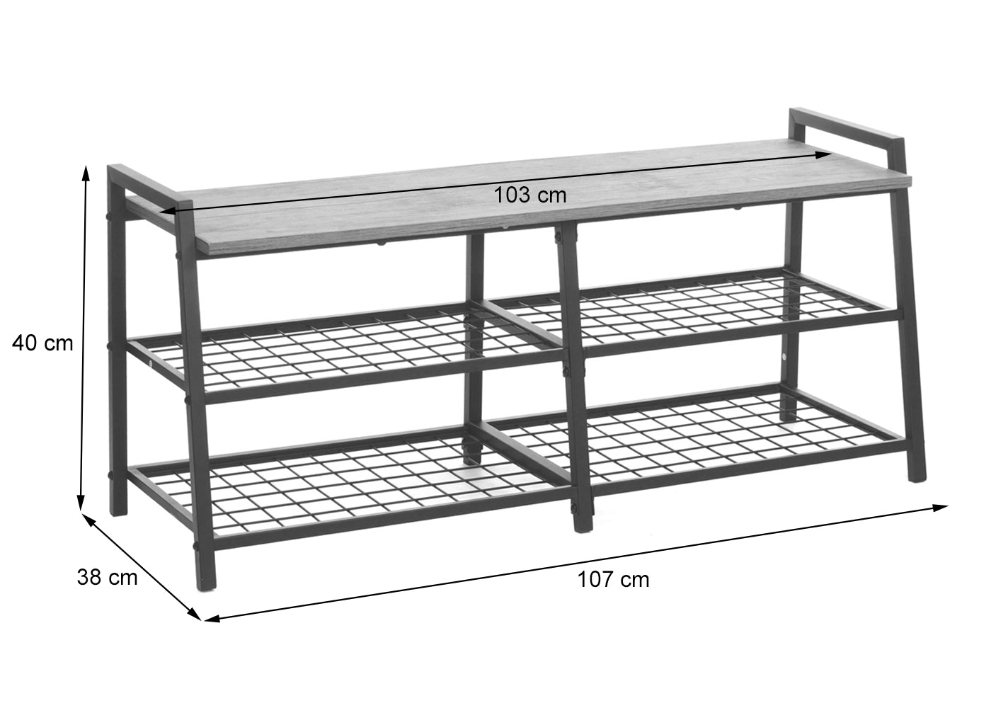 Schoenenrek MCW-A27, schoenenkast schoenenrek bank, 4 compartimenten metalen 3D structuur 40x107x38cm, wild eiken look
