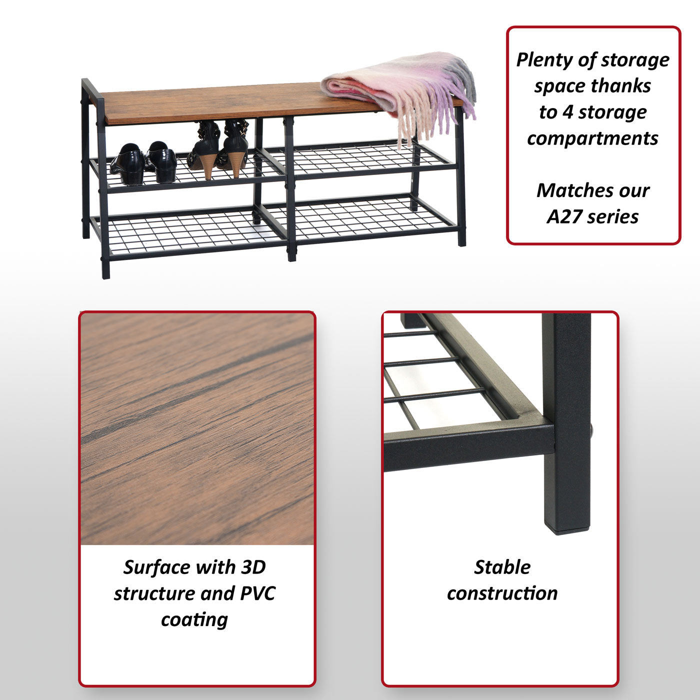 Schoenenrek MCW-A27, schoenenkast schoenenrek bank, 4 compartimenten metalen 3D structuur 40x107x38cm, wild eiken look