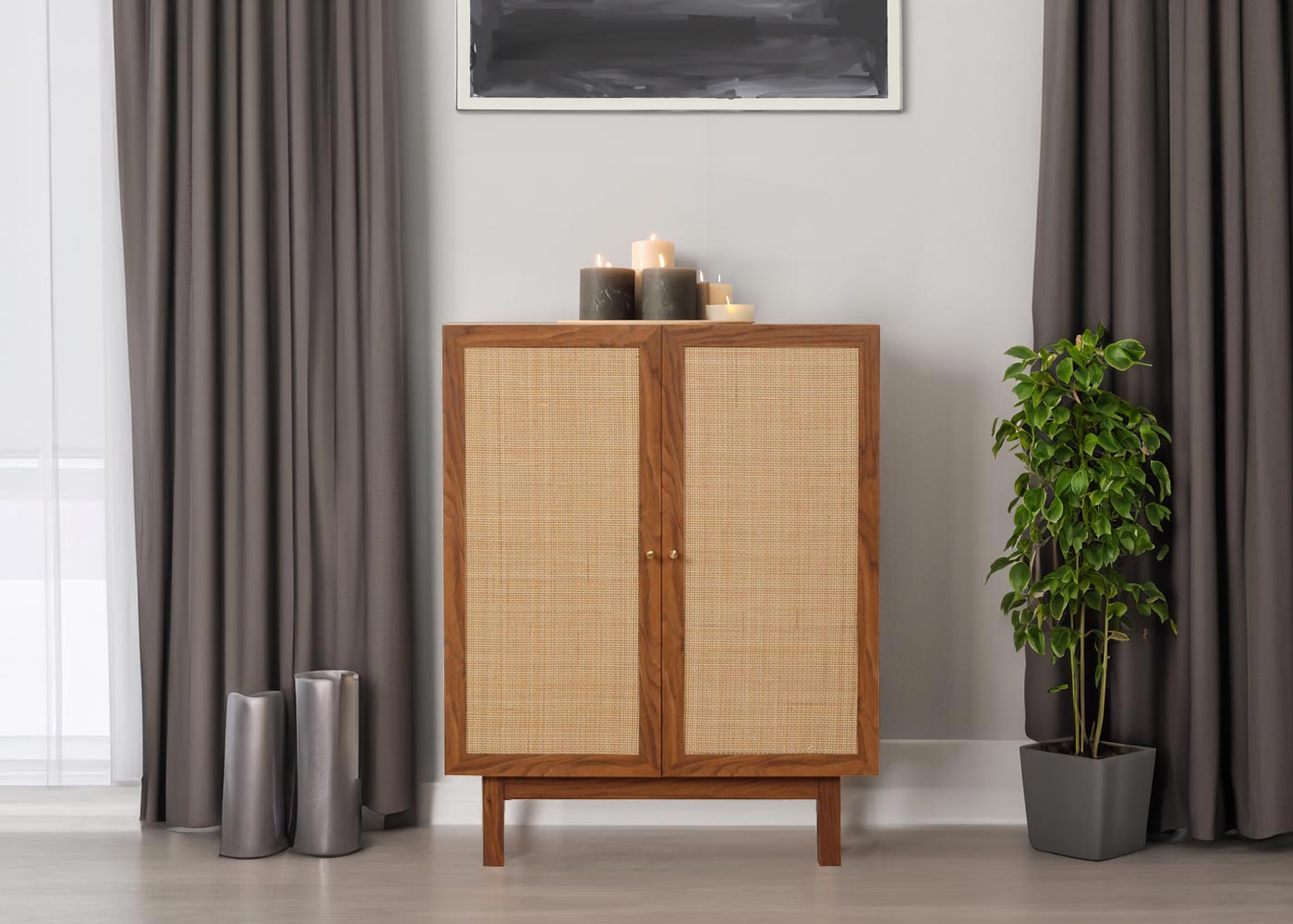 Highboard MCW-M51, ladekast dressoir, opbergvakken, massief hout mango Kubu rotan 98x79x42cm ~ walnoot look