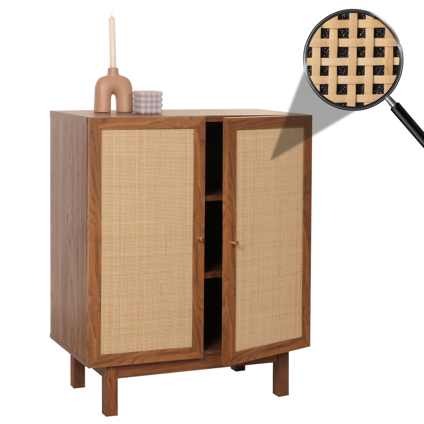 Highboard MCW-M51, ladekast dressoir, opbergvakken, massief hout mango Kubu rotan 98x79x42cm ~ walnoot look