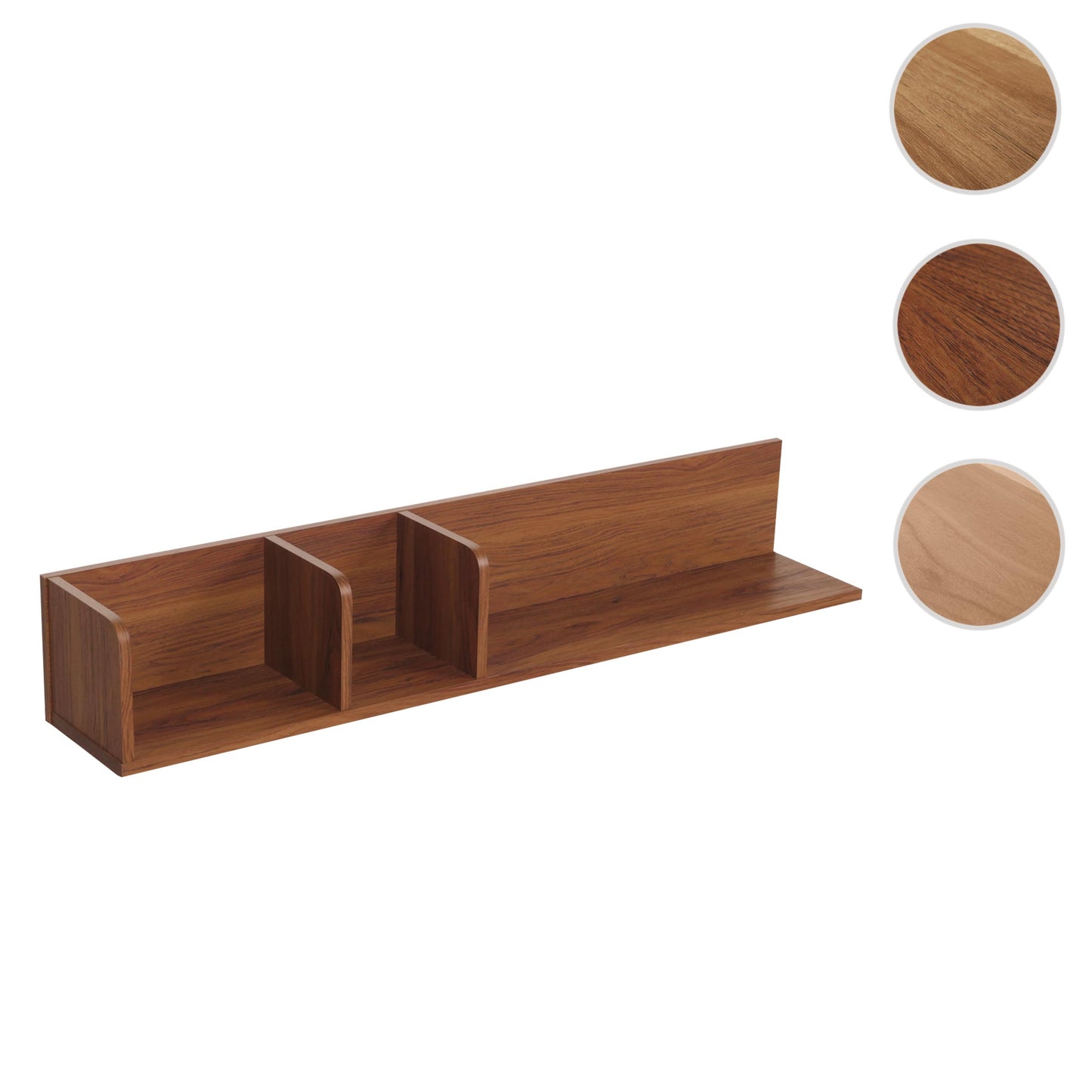 Wandplank MCW-M48, Hangplank Houten plank Zwevende plank, 3 vakken Massief mangohout 20x120x21cm ~ Walnoot look