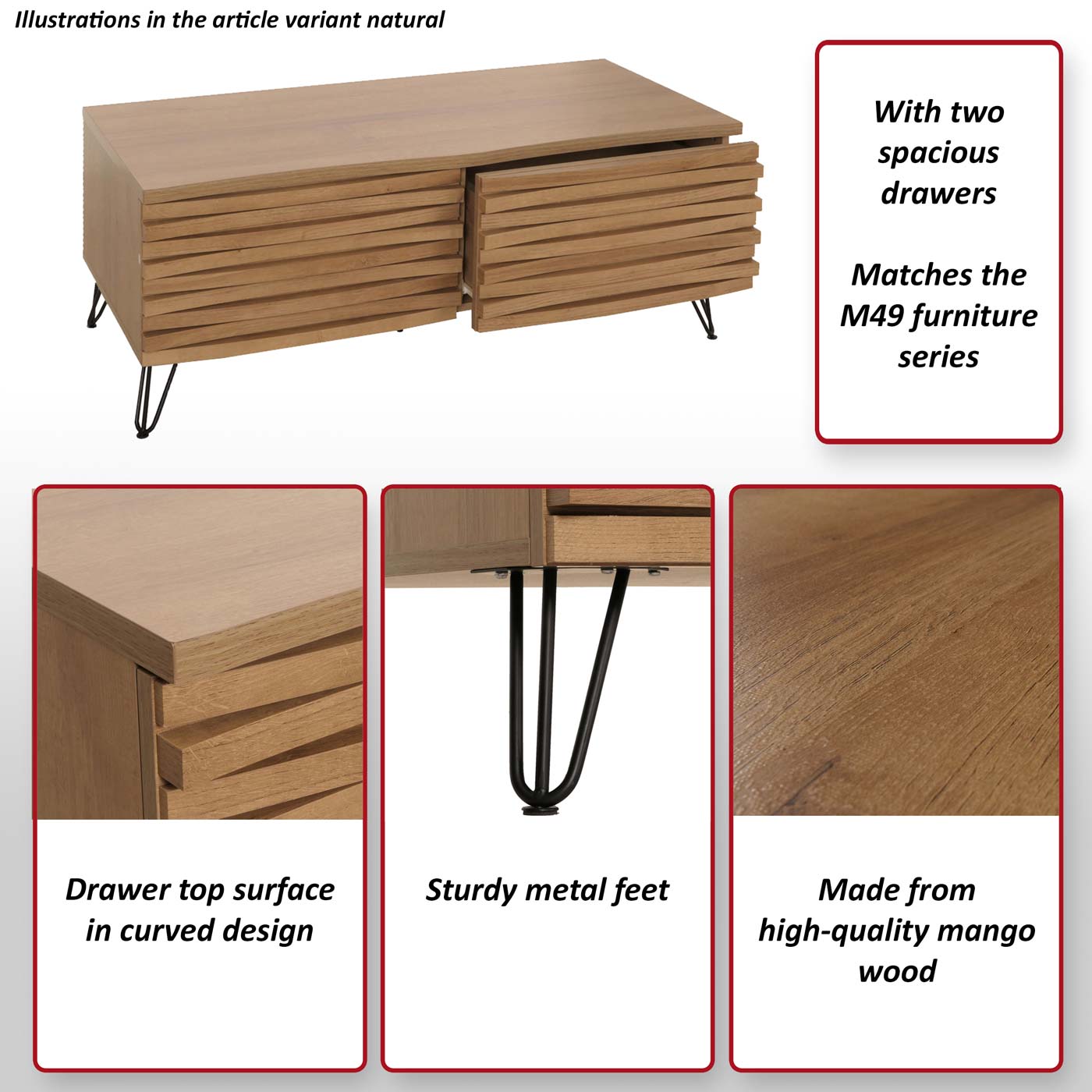 Salontafel MCW-M49, woonkamer tafel, 3D design 2 laden massief hout mango metaal 46x110x55cm ~ walnoot look