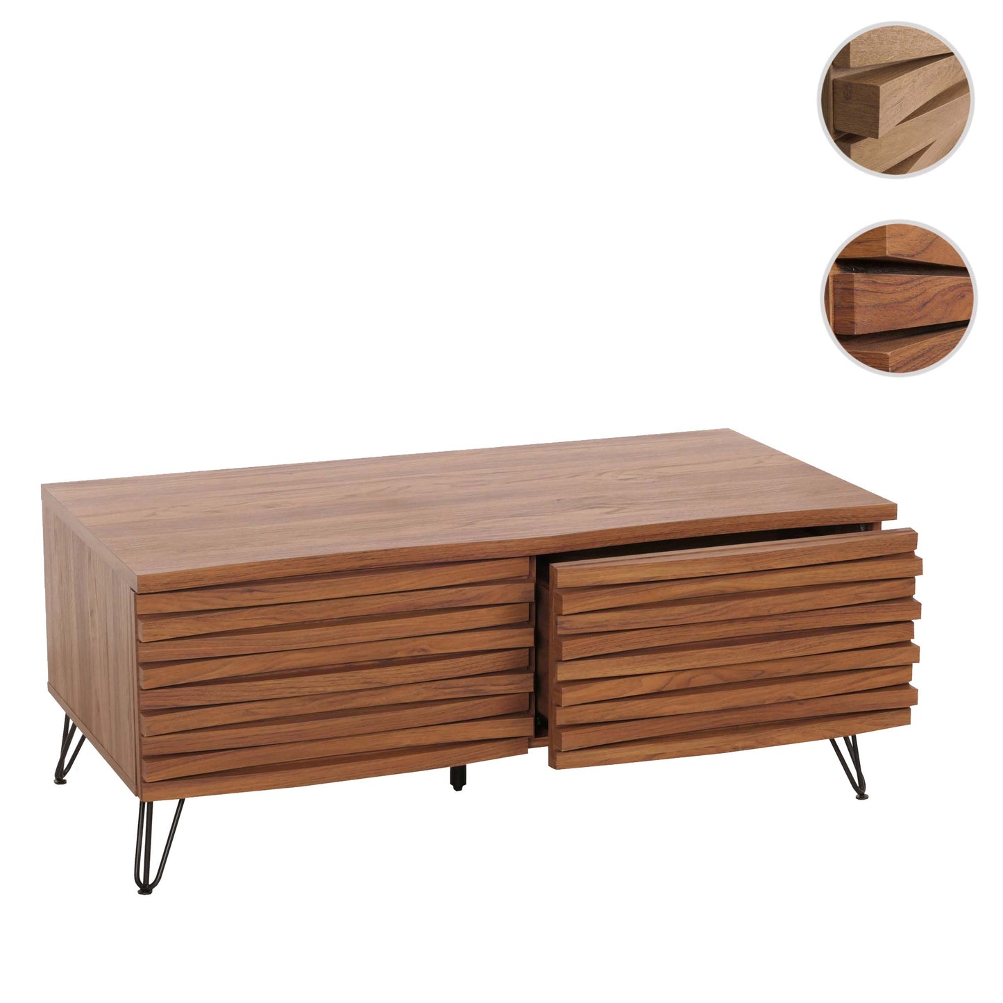 Salontafel MCW-M49, woonkamer tafel, 3D design 2 laden massief hout mango metaal 46x110x55cm ~ walnoot look