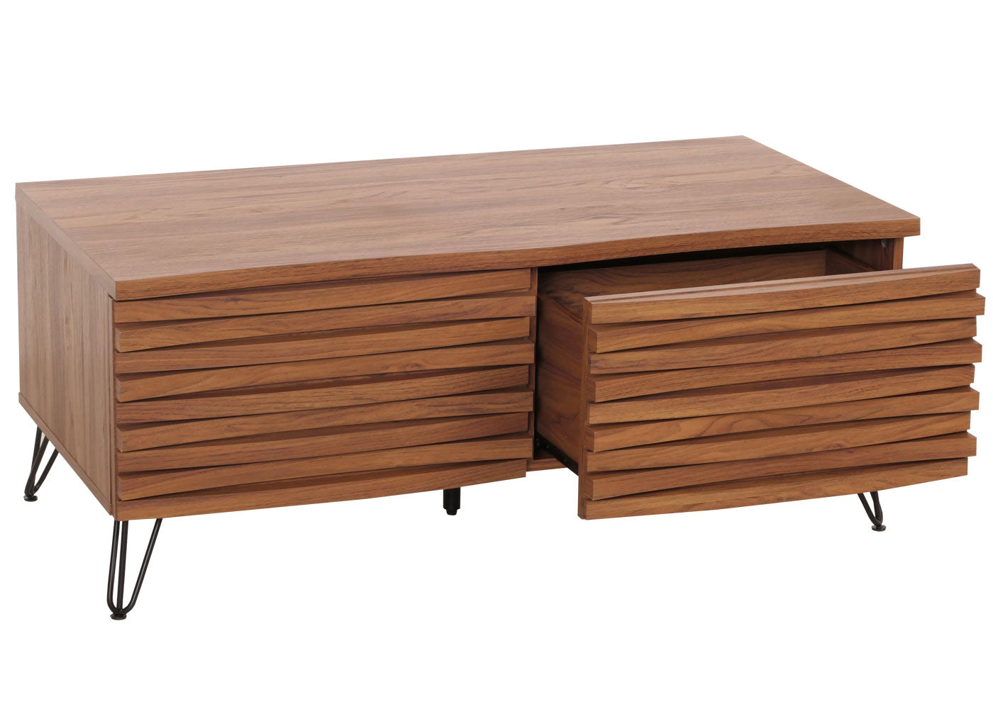 Salontafel MCW-M49, woonkamer tafel, 3D design 2 laden massief hout mango metaal 46x110x55cm ~ walnoot look