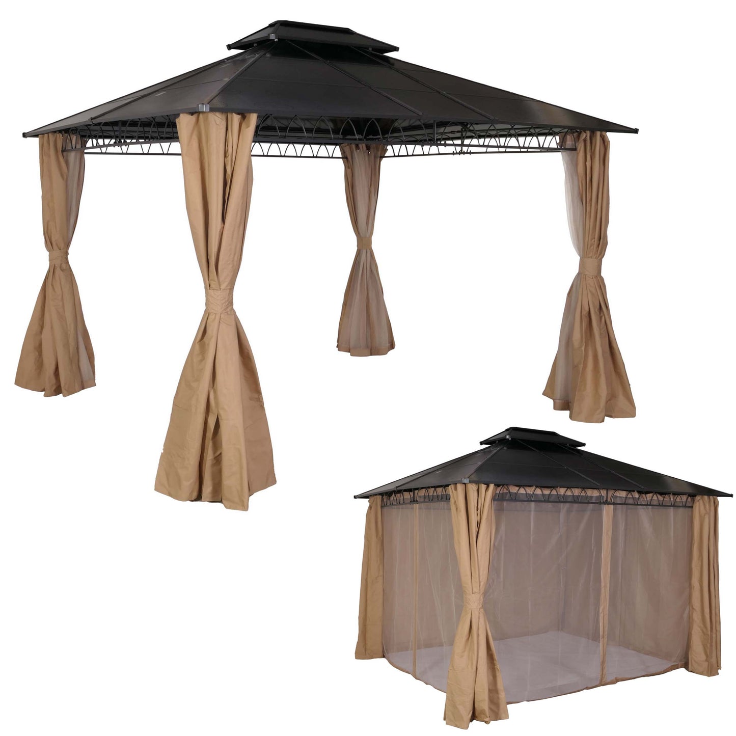 Hardtop pergola MCW-M81, paviljoen, aluminium dakstutten 7cm stalen frame met zijwand en muggengaas 3,6x3m ~ crème
