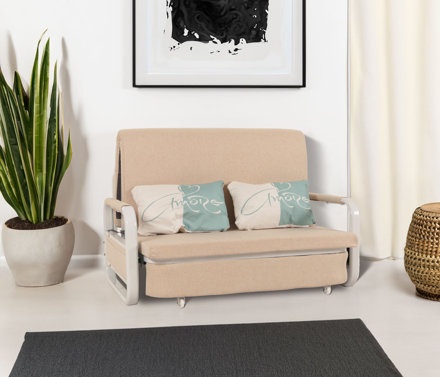 Slaapbank MCW-M83, slaapbank bank, slaapfunctie bedstee ligoppervlak, 130x185cm ~ stof/textiel beige
