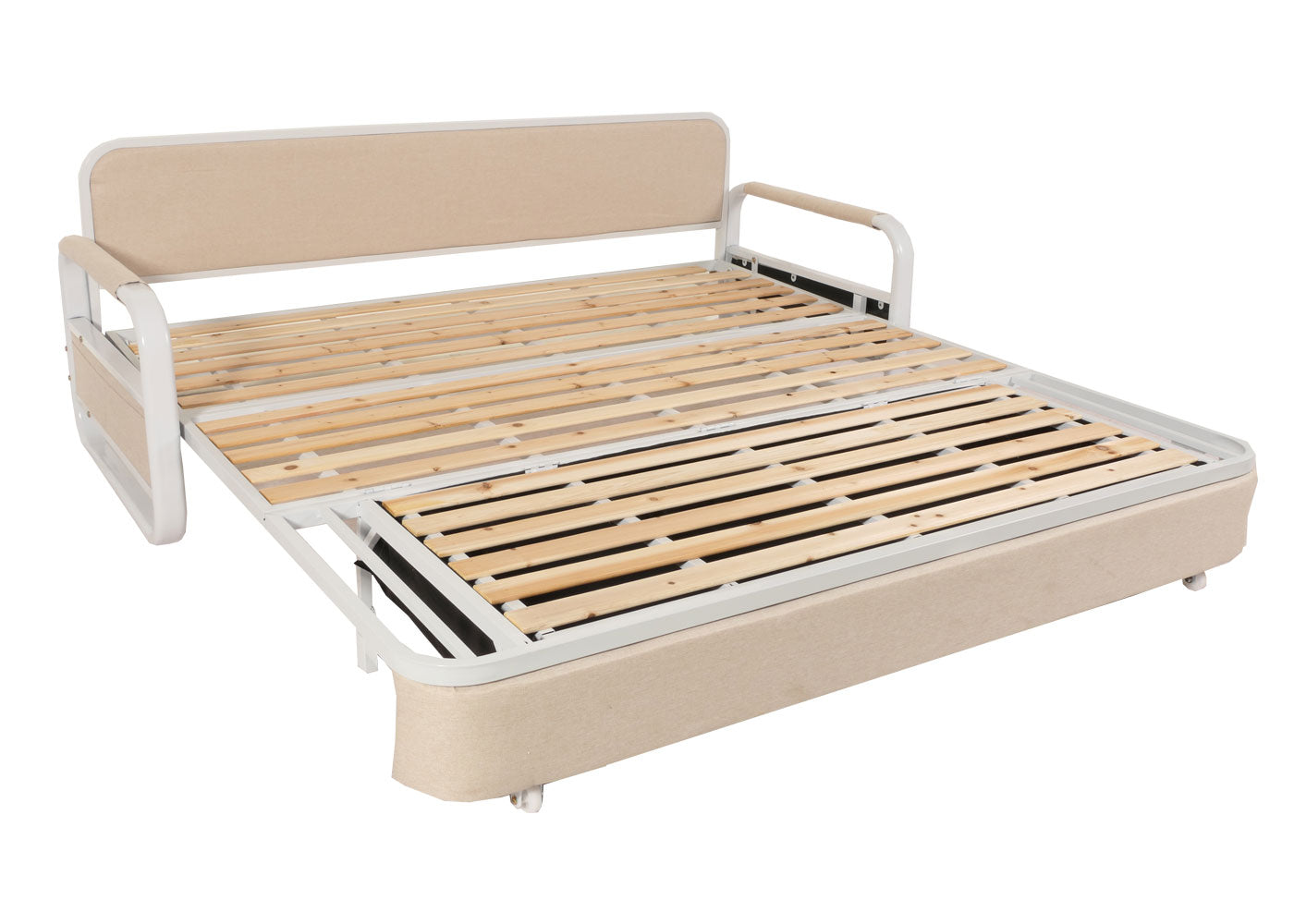 Slaapbank MCW-M83, slaapbank bank, slaapfunctie bedstee ligoppervlak, 190x185cm ~ stof/textiel beige