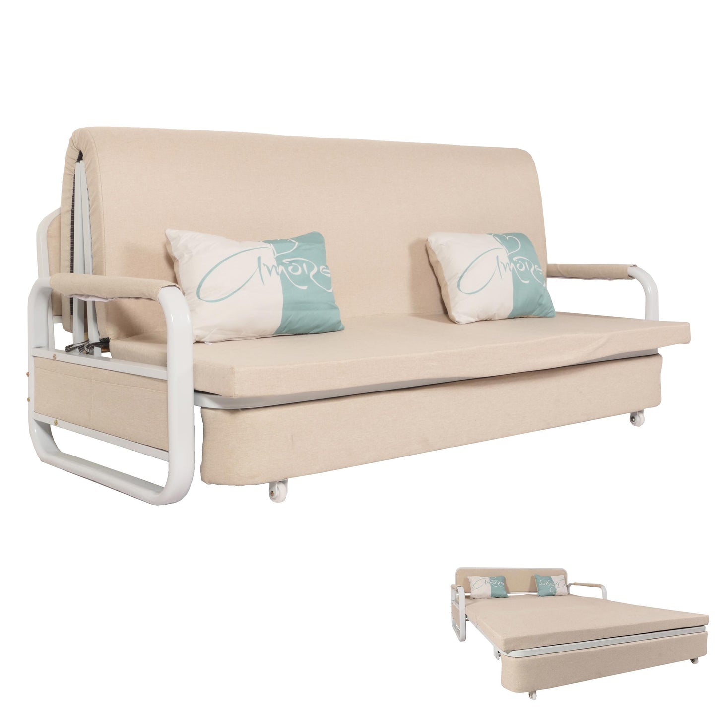 Slaapbank MCW-M83, slaapbank bank, slaapfunctie bedstee ligoppervlak, 190x185cm ~ stof/textiel beige