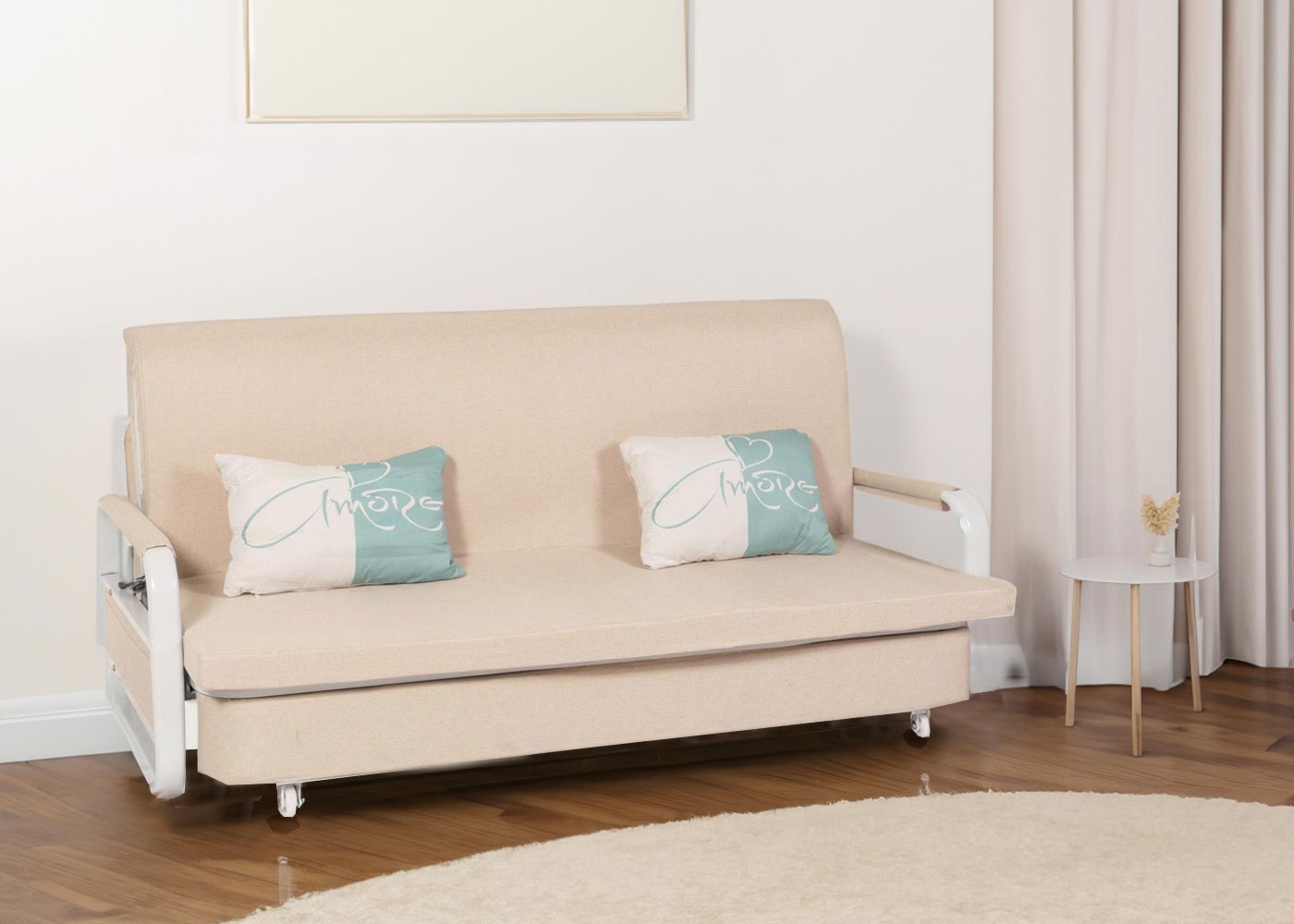 Slaapbank MCW-M83, slaapbank bank, slaapfunctie bedstee ligoppervlak, 190x185cm ~ stof/textiel beige