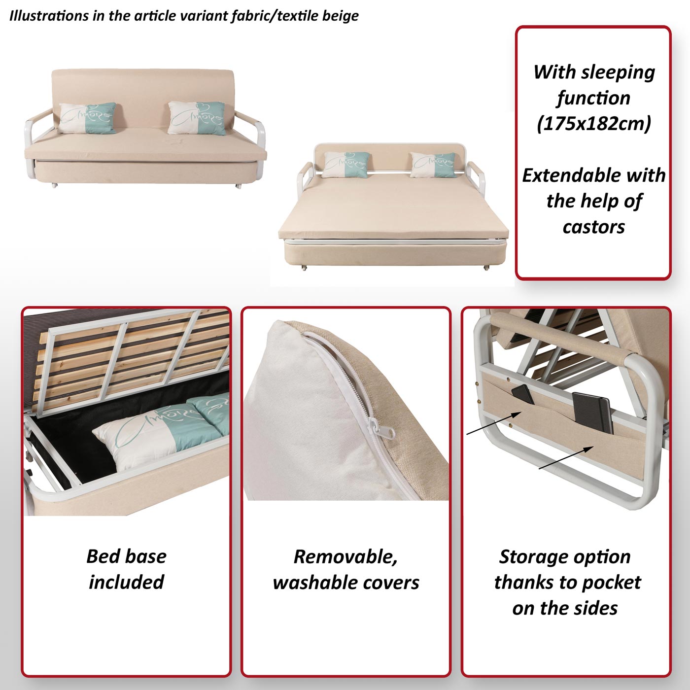 Slaapbank MCW-M83, slaapbank bank, slaapfunctie bedstee ligoppervlak, 190x185cm ~ stof/textiel beige