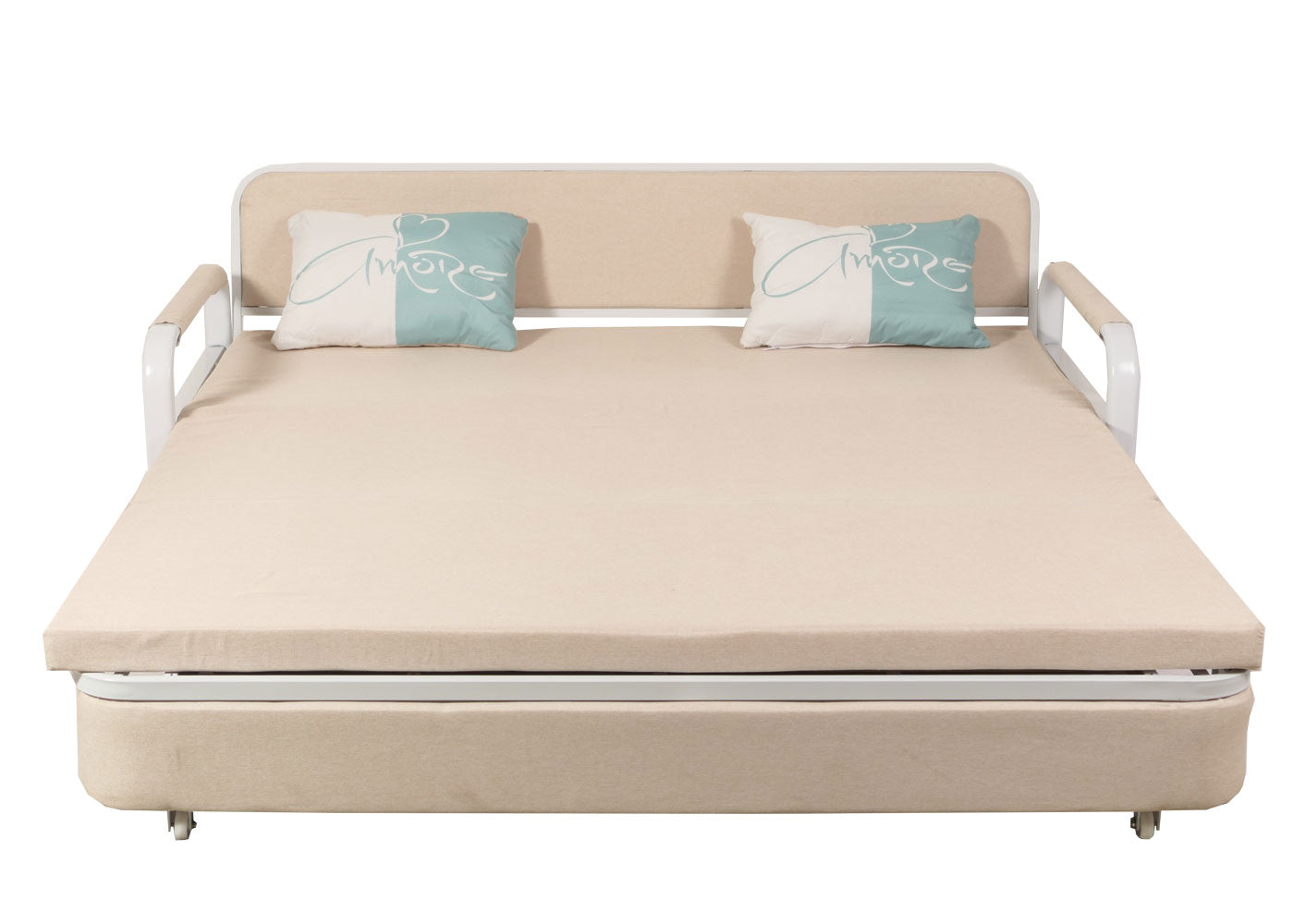 Slaapbank MCW-M83, slaapbank bank, slaapfunctie bedstee ligoppervlak, 190x185cm ~ stof/textiel beige